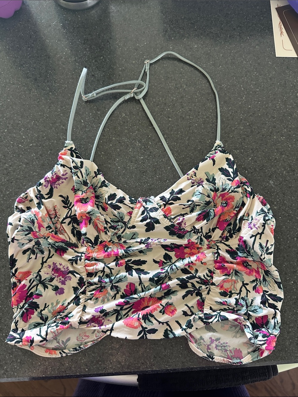 Urban Outfitters Floral Ruched Cami Top - White with Pink & Navy Floral